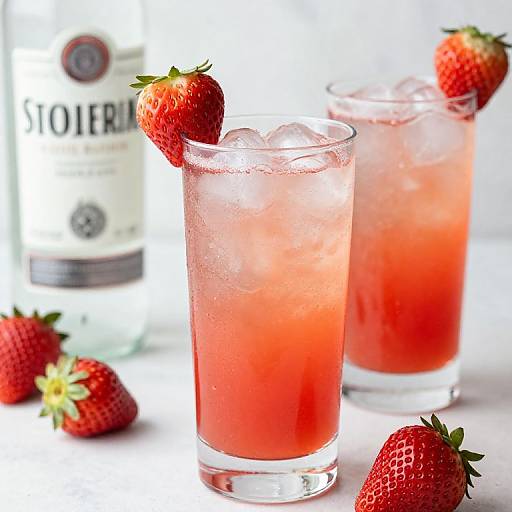 Photograph of two red strawberry daiquiris with ice, garnished with strawberries, in clear glasses, beside a Stolichnaya vodka bottle