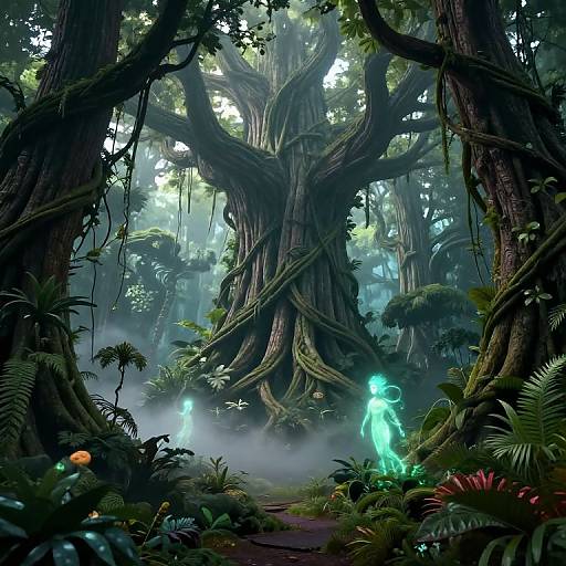 Digital fantasy artwork of a mystical forest with towering, intertwining trees, glowing blue spirits, mist, and lush, vibrant greenery.