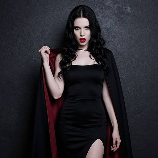 Photograph of a pale-skinned, dark-haired woman in a tight black dress and cape, holding the cape's edge, with striking red lipstick,
