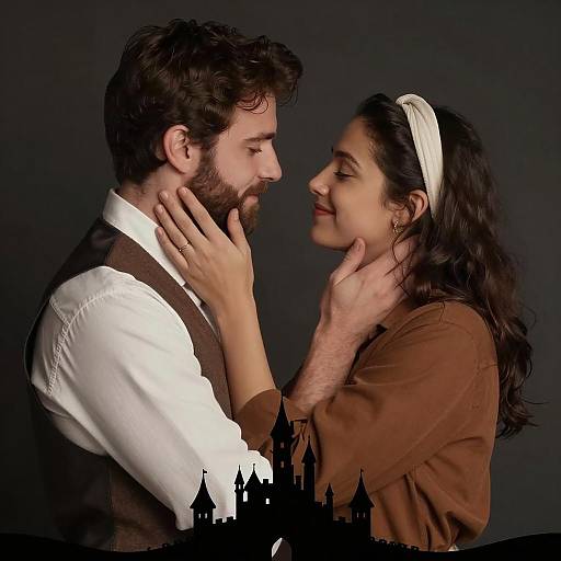 Romantic Embrace Under Castle Silhouette