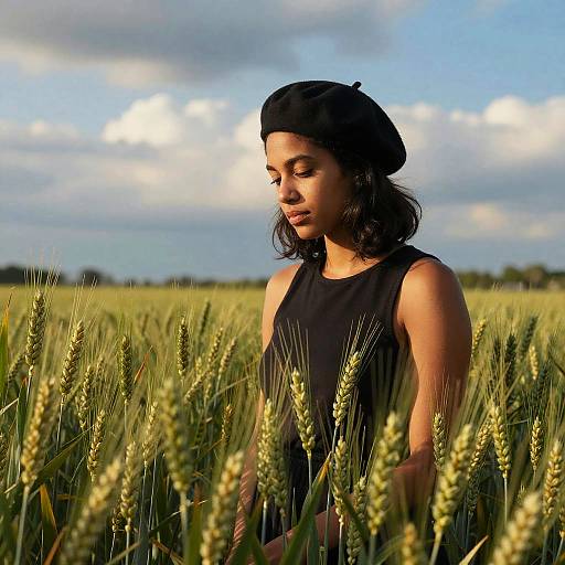 Photograph of a young Black woman with medium skin tone, wearing a black sleeveless dress and beret, standing in a golden wheat field under a