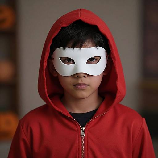 Photograph of a young boy with medium brown skin and black hair, wearing a red hoodie and white Venetian mask, standing against a blurred indoor