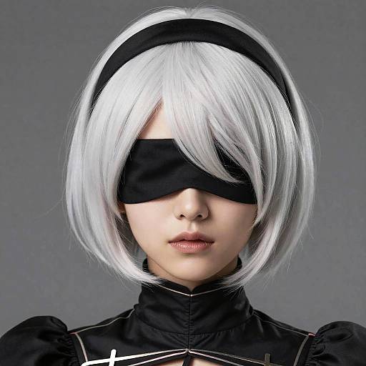 Portrait of woman with white bob hair and black blindfold