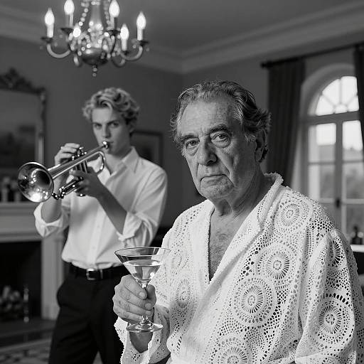 Elderly man with martini and young trumpet player in vintage room