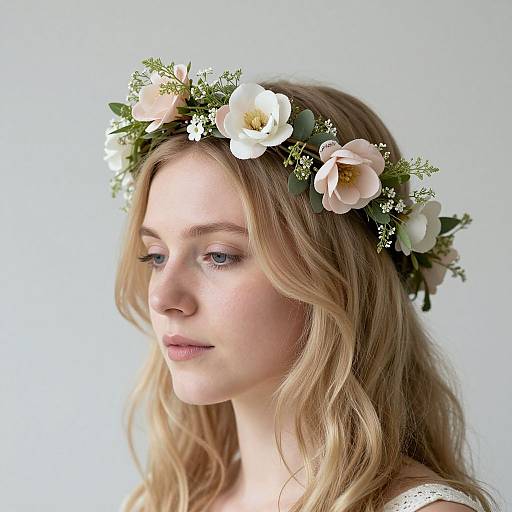 Photograph of a fair-skinned, blonde woman with wavy hair, wearing a floral crown of white, pink, and green flowers, looking softly