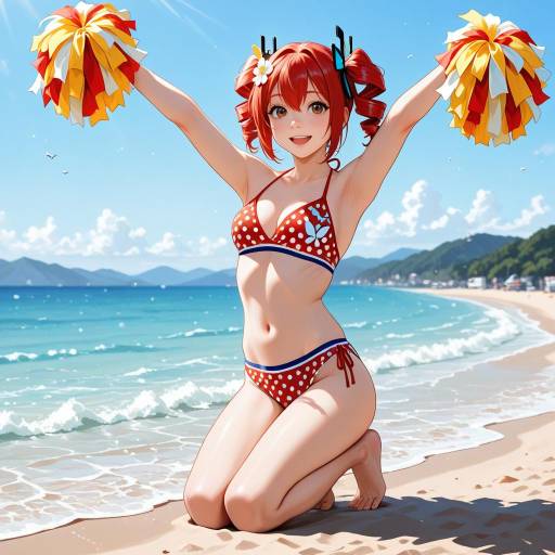 Joyful Beach Cheerleader with Red Hair
