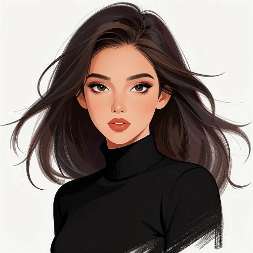 Digital illustration of a beautiful Asian woman with long black hair, wearing a black turtleneck, gazing forward with red lips and intense eyes, against