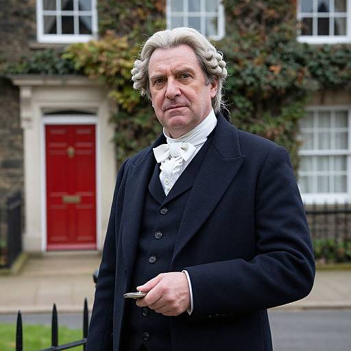 Photograph of an older white man with curly gray hair, wearing a black 18th-century-style suit and white cravat, holding a small