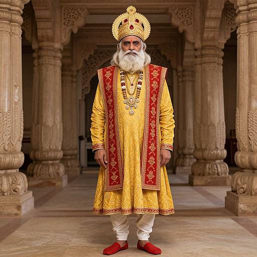 Photograph of an elderly Indian king with white beard, wearing a golden-yellow embroidered robe, red velvet trim, gold crown, white pants, red shoes