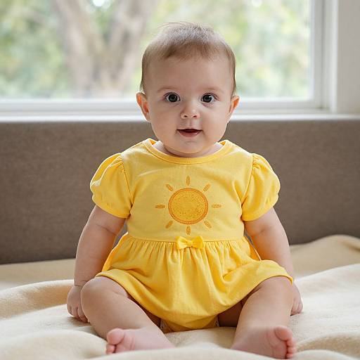 Photograph of a cute, smiling baby with light skin and brown hair, wearing a bright yellow sun-themed dress, sitting on a beige blanket in front