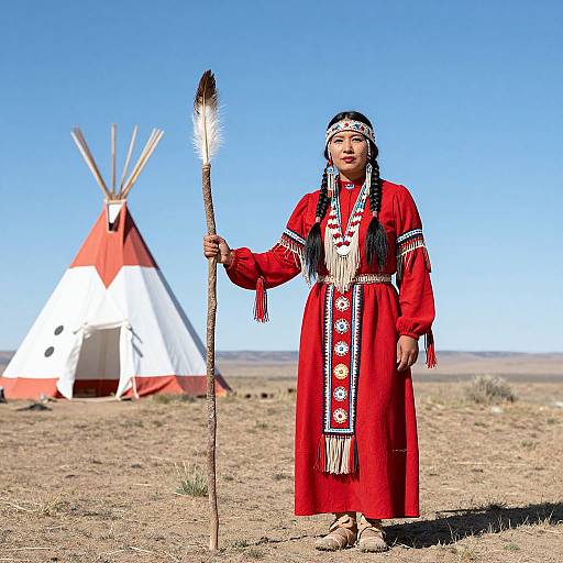 Photograph of an Indigenous woman in red traditional dress holding a feathered spear, standing in front of a white and red tipi under a clear blue