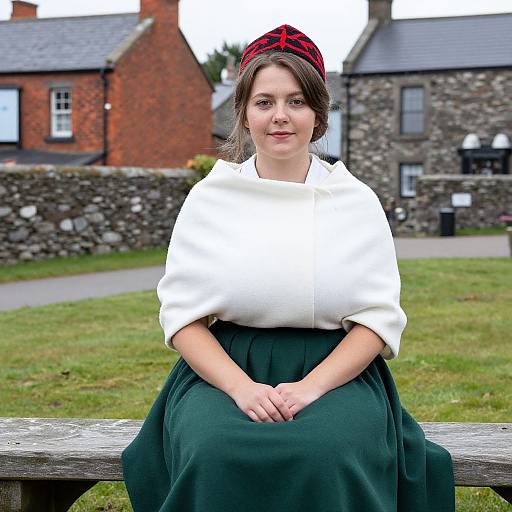 Photograph of a fair-skinned woman with brown hair, wearing a red plaid headband, white shawl, and green skirt, seated on