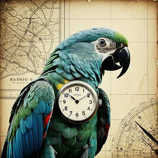 Surreal Parrot Portrait with Watch Face and Vintage Map