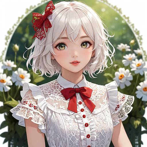 Digital anime-style drawing of a young girl with white bob hair, red bow, lace dress, red buttons, and green flower field background.