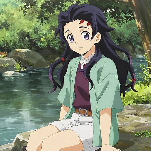 Anime-style drawing of a girl with long black hair, purple eyes, and a red mark on her forehead, sitting by a forest stream. She wears