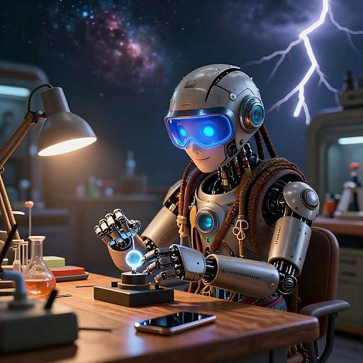 CGI image of a futuristic, blue-eyed robotic scientist with dreadlocks, working at a desk under a lamp in a starry, lightning-filled room