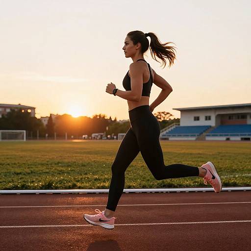 Fit Woman Running at Sunset Track