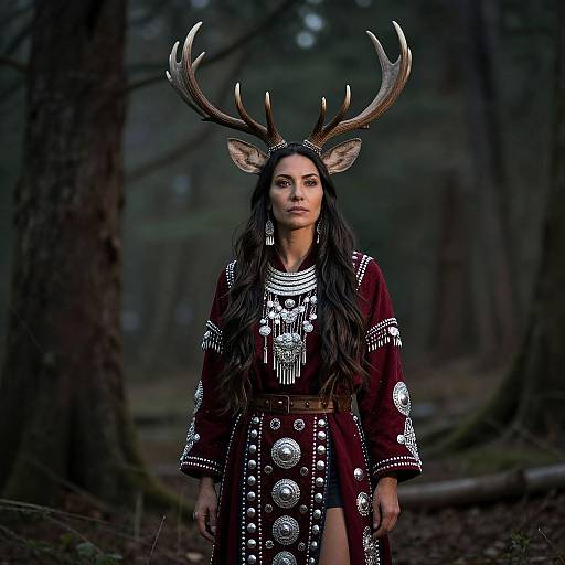 Photograph of a woman with long black hair, wearing a red dress adorned with white patterns, deer antlers, and intricate jewelry, standing in a