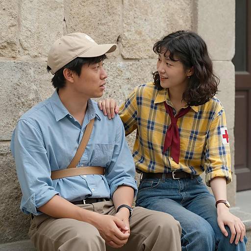 Relaxed Couple Against Stone Wall