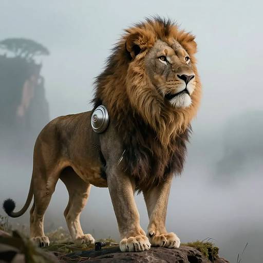 Photorealistic digital artwork of a majestic lion with a metallic device on its back, standing on a rocky ledge in a misty, foggy sav