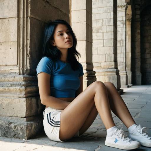 Young Woman Sitting by Stone Pillar