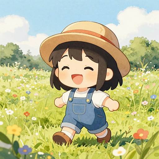 Chibi-style digital drawing of a smiling child with black hair, wearing a straw hat, blue overalls, and white shirt, running through a vibrant