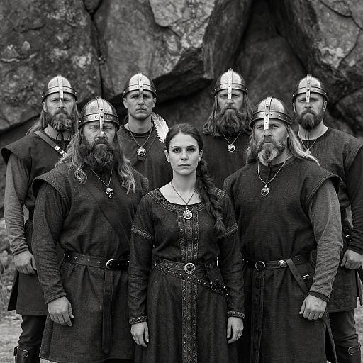 Black-and-White Viking Group on Rocks