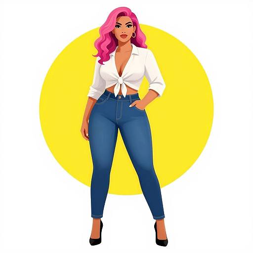 Digital illustration of a curvy woman with pink hair, wearing a tied white blouse, high-waisted blue jeans, and black heels, standing against