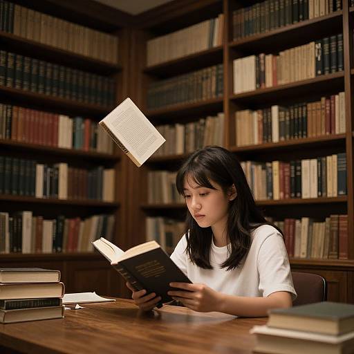 Asian woman with black hair reading in a dimly lit library, book floating mid-air, surrounded by wooden shelves filled with books. Photographic realism.