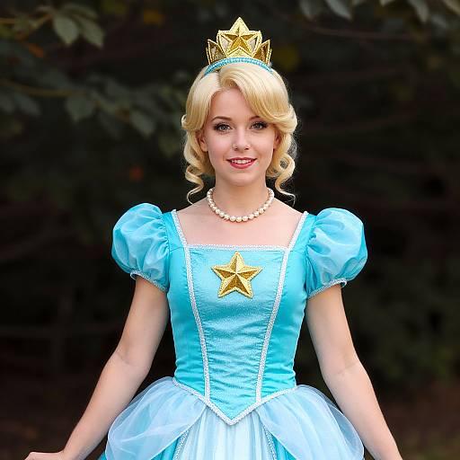 Photograph of a blonde woman in a light blue, puffed-sleeve princess dress with a gold star, pearl necklace, and gold crown,