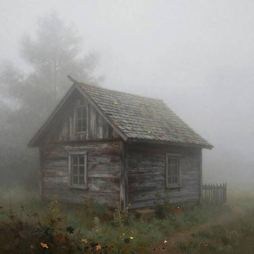Ethereal Foggy Wooden Cabin Painting