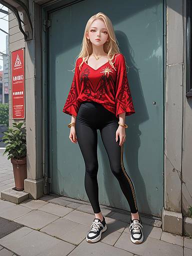 Woman in Red Graphic Top and Black Leggings