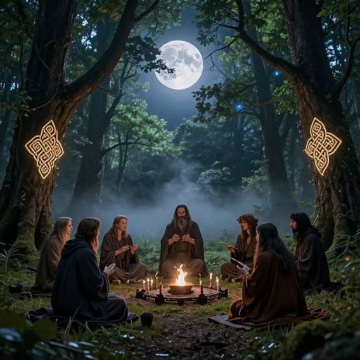 Photograph of six robed individuals sitting around a campfire under a full moon in a misty forest, surrounded by Celtic knot-lit trees.