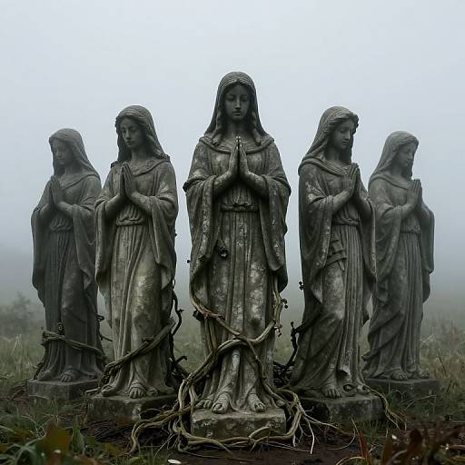 Solemn Cloaked Statues in Mist