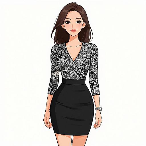 Digital illustration of a smiling woman with long brown hair, wearing a black and white patterned blouse and black pencil skirt. White background.
