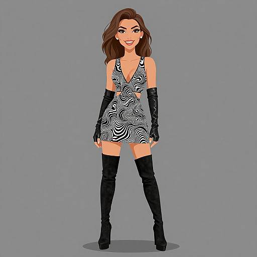 Digital illustration of a smiling woman with wavy brown hair, wearing a black and white zebra-patterned dress, black gloves, and thigh-high boots