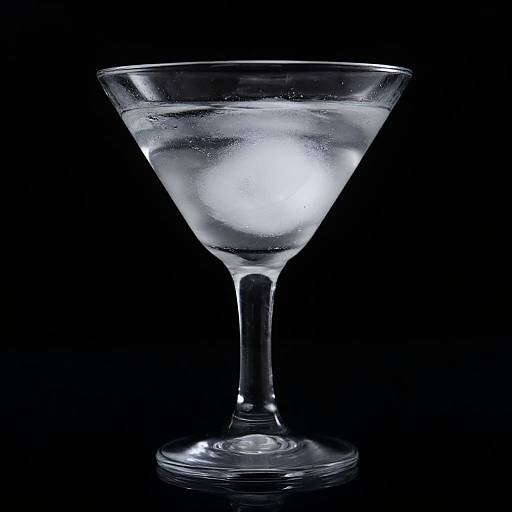 Photograph of a clear, martini glass with a single ice cube, set against a solid black background. The glass is transparent, with condensation