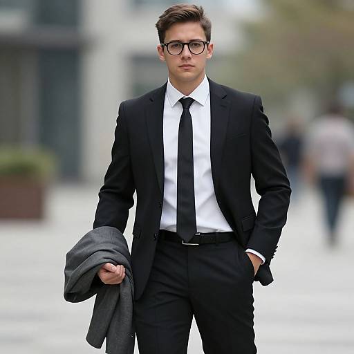 Photograph of a young man with short brown hair, glasses, black suit, white shirt, black tie, holding a gray jacket, walking on a