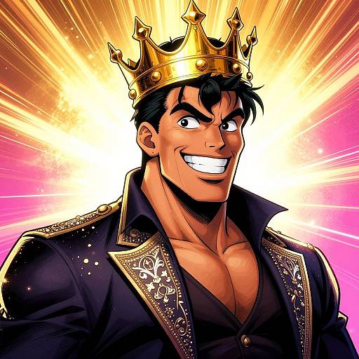 Digital illustration of a muscular, dark-haired man with a golden crown, wide grin, and black ornate jacket, radiating bright yellow and pink light