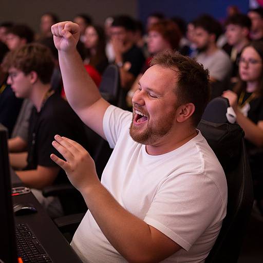 Photograph of a bearded man with short brown hair, wearing a white t-shirt, enthusiastically raising his fist and open hand while smiling, seated among