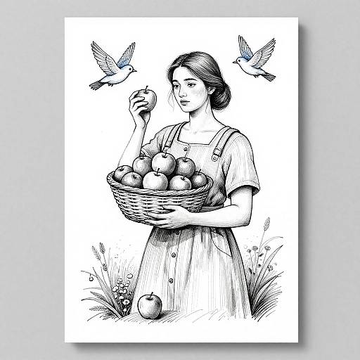 Black and white ink drawing of a woman in a dress, holding a basket of apples, with two birds fluttering nearby.