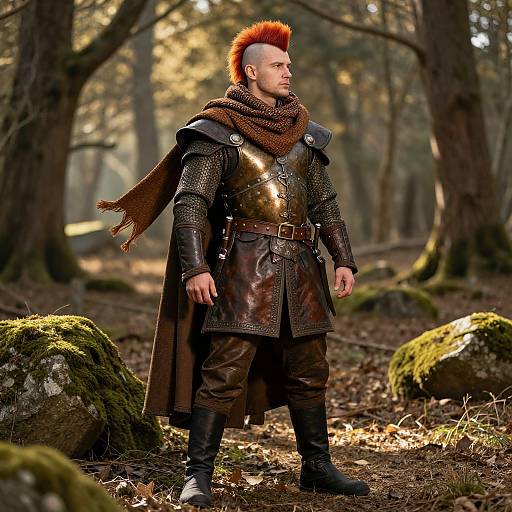Man in Medieval Armor with Mohawk in Forest