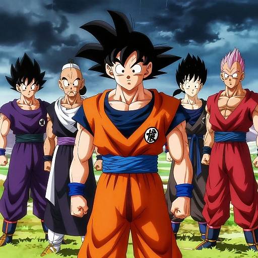 Digital anime-style illustration of five muscular, spiky-haired warriors in colorful martial arts attire, standing on grass under a stormy sky.