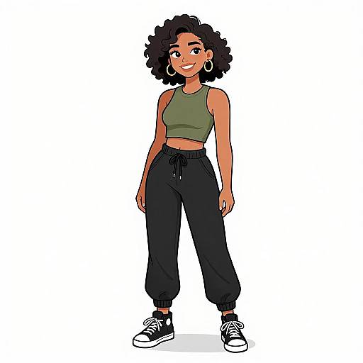 Digital illustration of a smiling, curly-haired woman with dark skin, wearing a green crop top, black joggers, and black sneakers.
