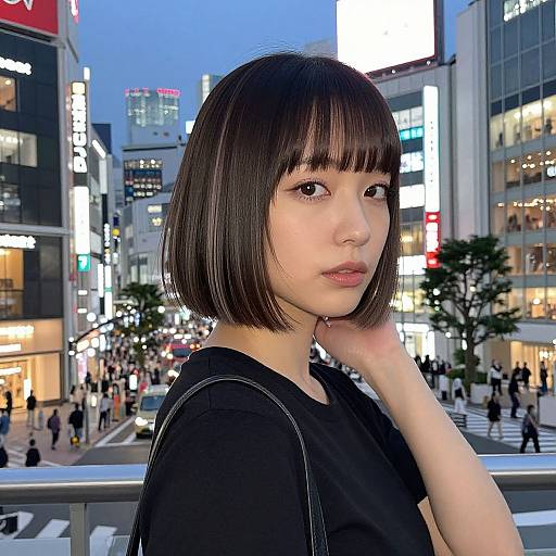 Modern Japanese Woman with Neon Cityscape