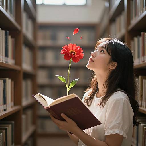Photograph of an Asian woman with long black hair, wearing a white blouse, gazing at a red flower while reading in a sunlit library.