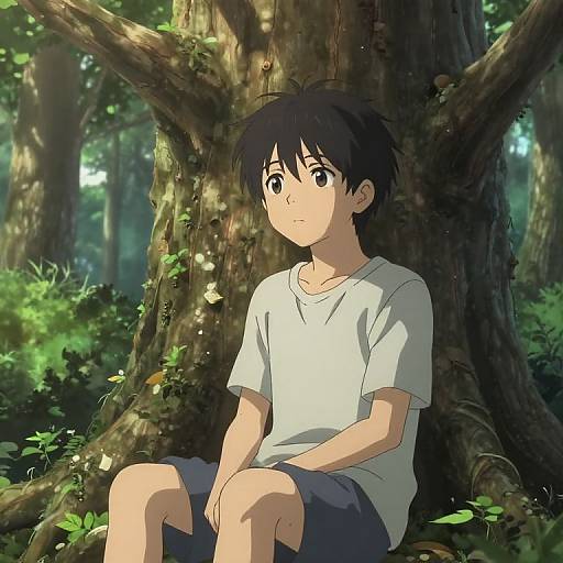 Anime-style digital drawing of a young boy with black hair, wearing a white t-shirt and blue shorts, sitting against a large tree in a sunlit