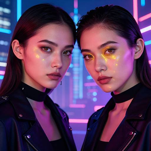 Photograph of two Asian women with sleek black hair, glowing face makeup, black choker necklaces, and black leather jackets, standing close in a