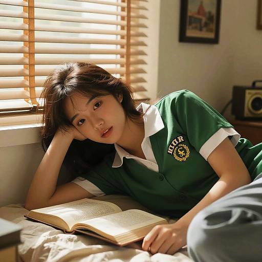 Young Asian woman in green school uniform with white trim, lying on bed, reading under sunlit window blinds, relaxed expression.