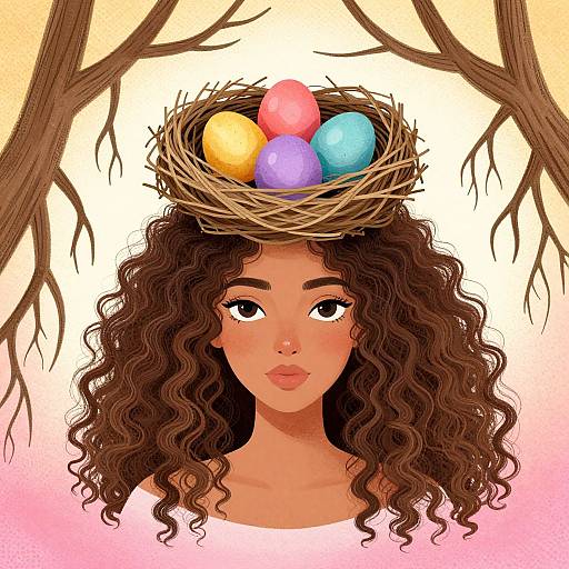 Digital illustration of a curly-haired, dark-skinned woman with wide eyes, wearing a pink top, with a nest of colorful Easter eggs on her head